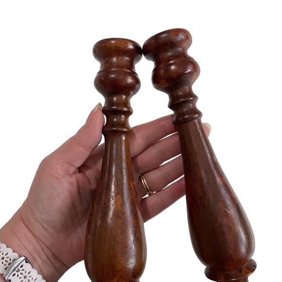 Vintage Set of Two Wood Wooden Turned Candlesticks - Picture 3 of 9